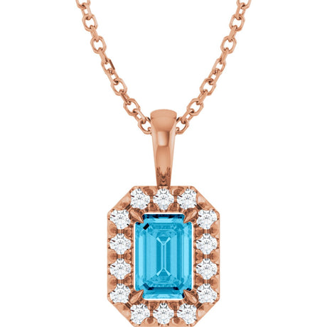 14K Gold Emerald Natural Aquamarine Halo-Style Necklace or Pendant - Rose Gold