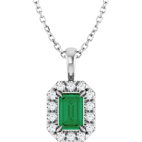 14K Gold Emerald Natural Emerald Halo-Style Necklace or Pendant - White Gold