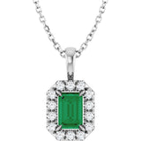 14K Gold Emerald Lab-Grown Emerald Halo-Style Necklace or Pendant - White Gold