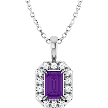 14K Gold Emerald Natural Amethyst Halo-Style Necklace or Pendant - White Gold