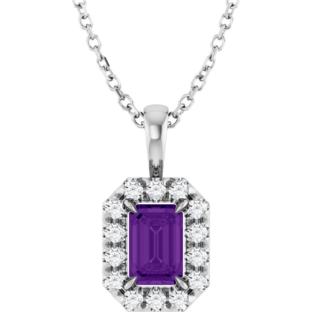 14K Gold Emerald Natural Amethyst Halo-Style Necklace or Pendant - White Gold