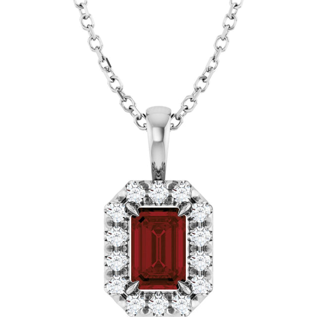 14K Gold Emerald Natural Mozambique Garnet Halo-Style Necklace or Pendant - White Gold