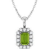 14K Gold Emerald Natural Peridot Halo-Style Necklace or Pendant - White Gold