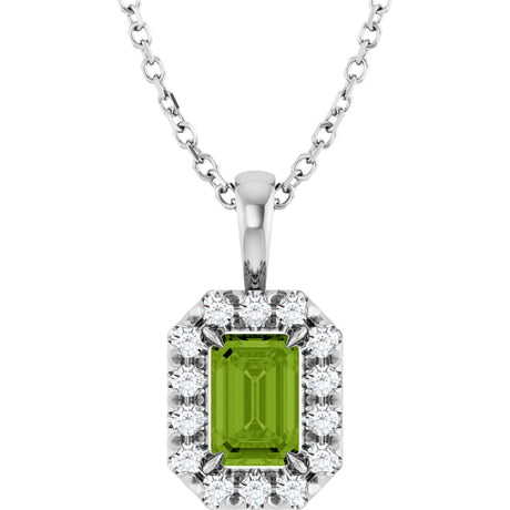 14K Gold Emerald Natural Peridot Halo-Style Necklace or Pendant - White Gold