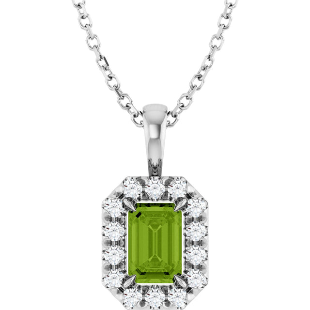 Platinum Emerald Natural Peridot Halo-Style Necklace or Pendant