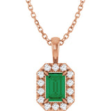 14K Gold Emerald Natural Emerald Halo-Style Necklace or Pendant - Rose Gold