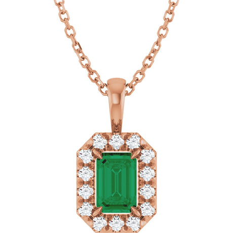14K Gold Emerald Lab-Grown Emerald Halo-Style Necklace or Pendant - Rose Gold