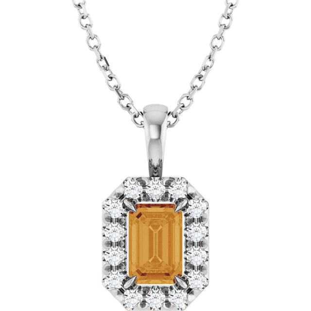 Platinum Emerald Natural Citrine Halo-Style Necklace or Pendant