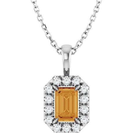 14K Gold Emerald Natural Citrine Halo-Style Necklace or Pendant - White Gold