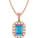 14K Gold Emerald Natural Blue Zircon Halo-Style Necklace or Pendant - Rose Gold