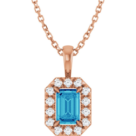14K Gold Emerald Natural Blue Zircon Halo-Style Necklace or Pendant - Rose Gold