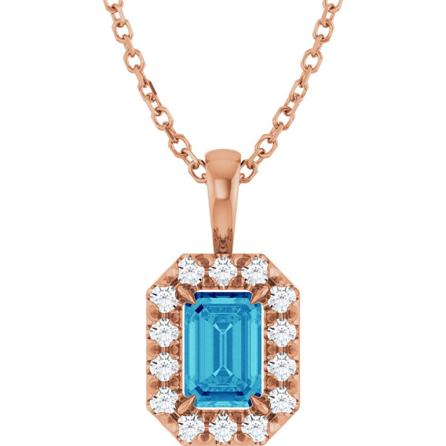 14K Gold Emerald Natural Blue Zircon Halo-Style Necklace or Pendant - Rose Gold