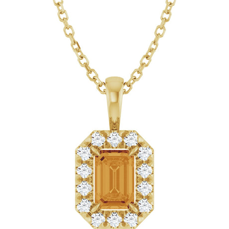 14K Gold Emerald Natural Citrine Halo-Style Necklace or Pendant - Yellow Gold