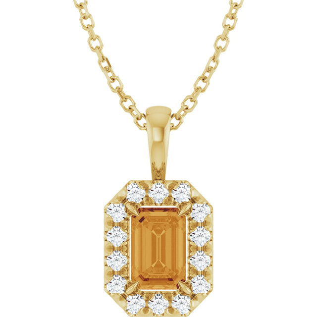 14K Gold Emerald Natural Citrine Halo-Style Necklace or Pendant - Yellow Gold