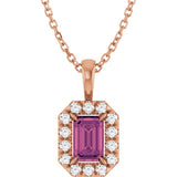 14K Gold Emerald Natural Pink Tourmaline Halo-Style Necklace or Pendant - Rose Gold