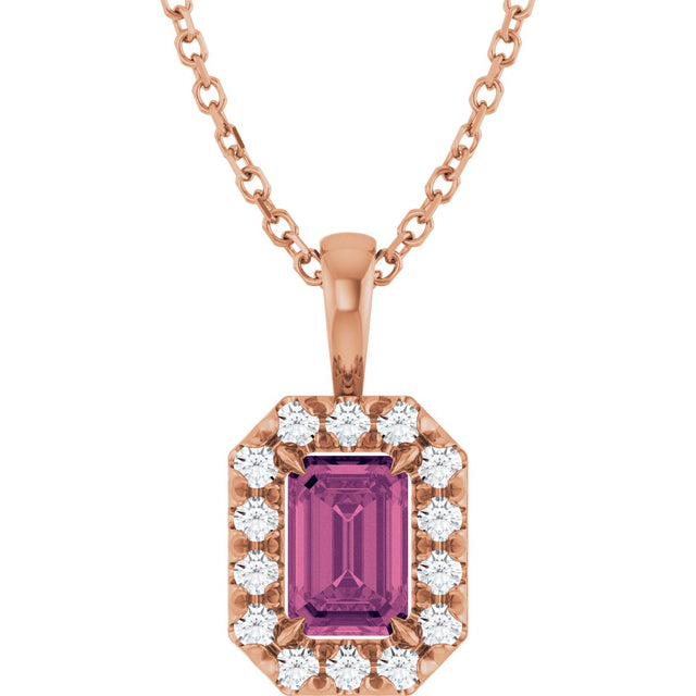 14K Gold Emerald Natural Pink Tourmaline Halo-Style Necklace or Pendant - Rose Gold
