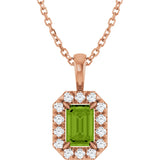 14K Gold Emerald Natural Peridot Halo-Style Necklace or Pendant - Rose Gold