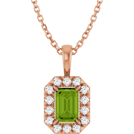 14K Gold Emerald Natural Peridot Halo-Style Necklace or Pendant - Rose Gold