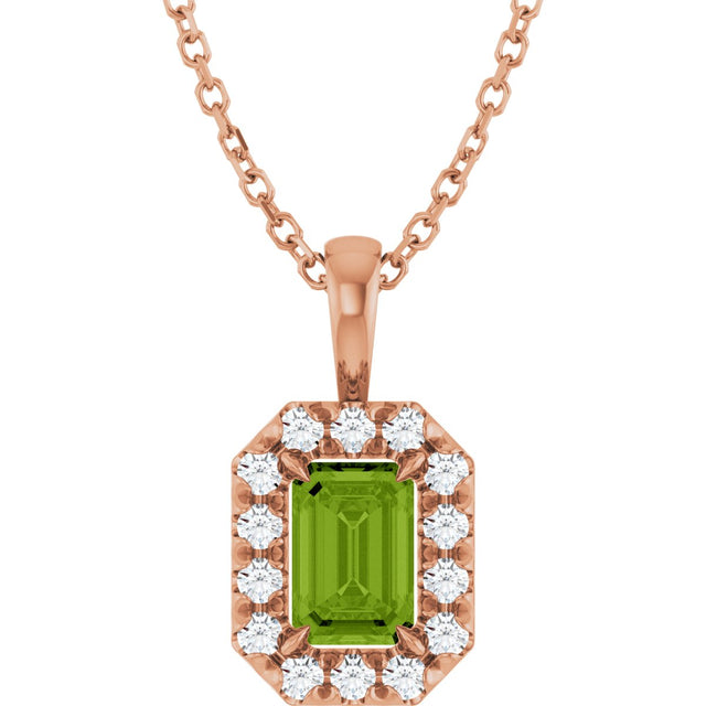 14K Gold Emerald Natural Peridot Halo-Style Necklace or Pendant - Rose Gold