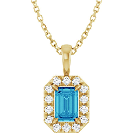 14K Gold Emerald Natural Blue Zircon Halo-Style Necklace or Pendant - Yellow Gold