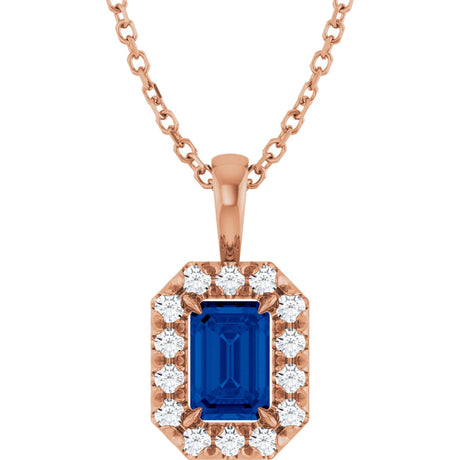14K Gold Emerald Lab-Grown Blue Sapphire Halo-Style Necklace or Pendant - Rose Gold