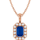 14K Gold Emerald Natural Blue Sapphire Halo-Style Necklace or Pendant - Rose Gold