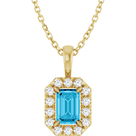 14K Gold Emerald Natural Aquamarine Halo-Style Necklace or Pendant - Yellow Gold