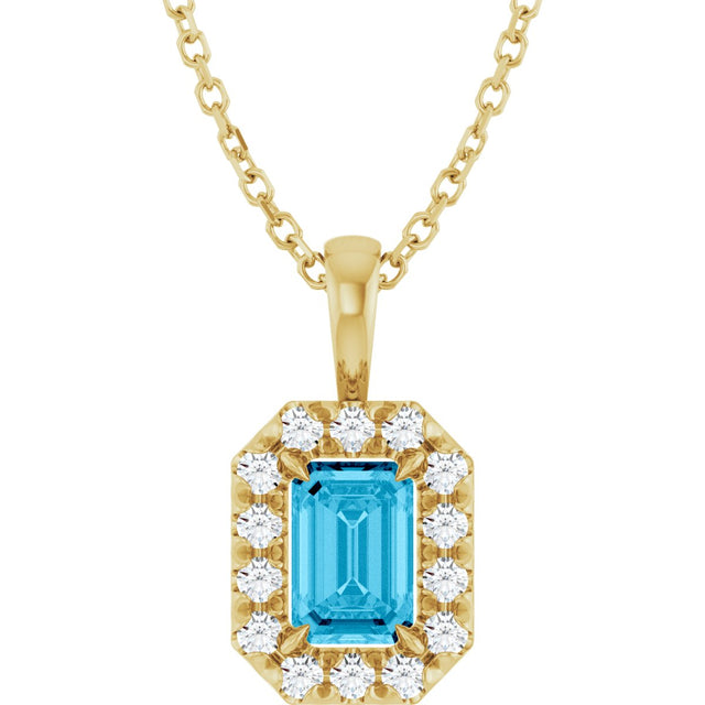 14K Gold Emerald Natural Aquamarine Halo-Style Necklace or Pendant - Yellow Gold