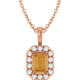 14K Gold Emerald Natural Citrine Halo-Style Necklace or Pendant - Rose Gold