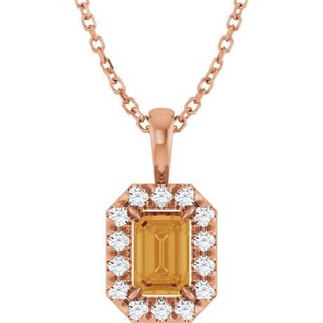 14K Gold Emerald Natural Citrine Halo-Style Necklace or Pendant - Rose Gold