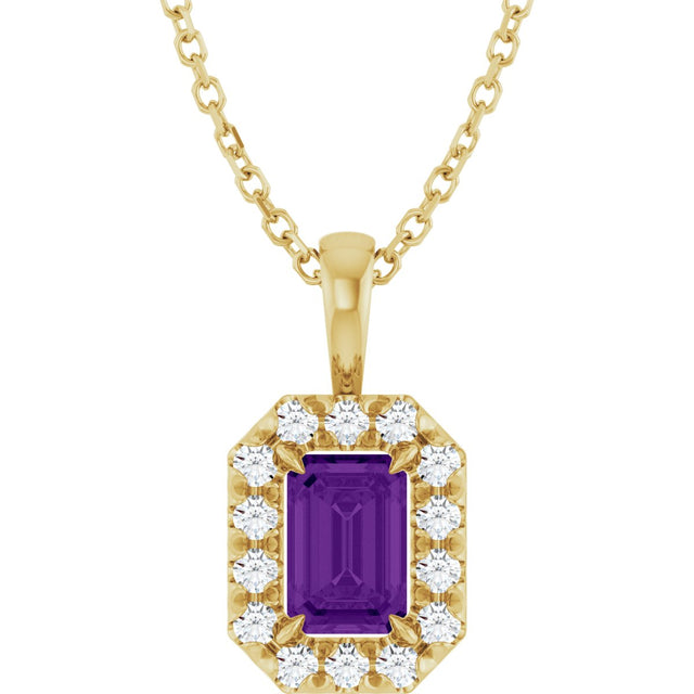 14K Gold Emerald Natural Amethyst Halo-Style Necklace or Pendant - Yellow Gold