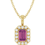 14K Gold Emerald Natural Pink Tourmaline Halo-Style Necklace or Pendant - Yellow Gold