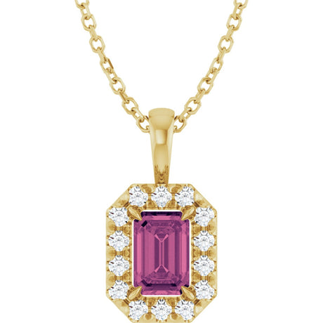 14K Gold Emerald Natural Pink Tourmaline Halo-Style Necklace or Pendant - Yellow Gold