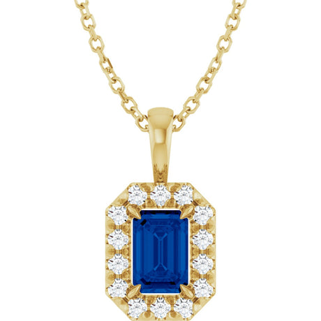 14K Gold Emerald Natural Blue Sapphire Halo-Style Necklace or Pendant - Yellow Gold