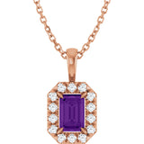 14K Gold Emerald Natural Amethyst Halo-Style Necklace or Pendant - Rose Gold