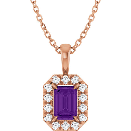 14K Gold Emerald Natural Amethyst Halo-Style Necklace or Pendant - Rose Gold