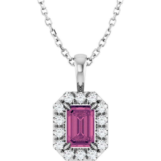 14K Gold Emerald Natural Pink Tourmaline Halo-Style Necklace or Pendant - White Gold