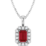 Platinum Emerald Lab-Grown Ruby Halo-Style Necklace or Pendant