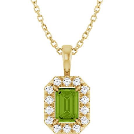 14K Gold Emerald Natural Peridot Halo-Style Necklace or Pendant - Yellow Gold