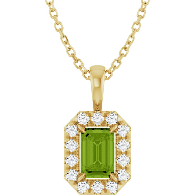 14K Gold Emerald Natural Peridot Halo-Style Necklace or Pendant - Yellow Gold