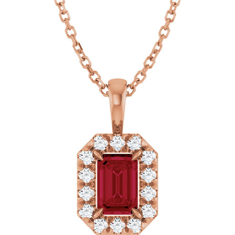14K Gold Emerald Lab-Grown Ruby Halo-Style Necklace or Pendant - Rose Gold