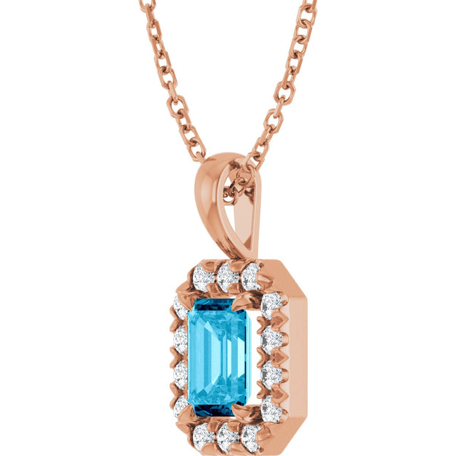 14K Gold Emerald Natural Aquamarine Halo-Style Necklace or Pendant - Rose Gold - view 2