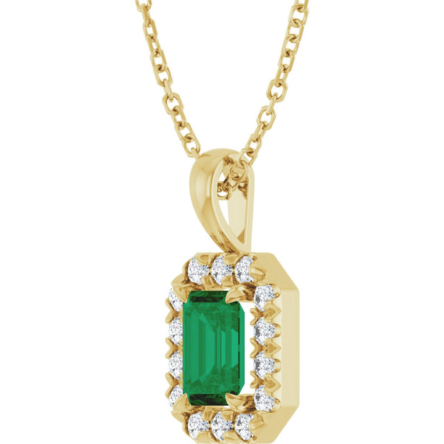 14K Gold Emerald Lab-Grown Emerald Halo-Style Necklace or Pendant - Yellow Gold - view 2