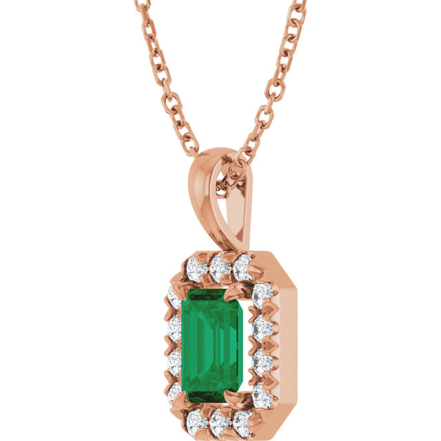 14K Gold Emerald Natural Emerald Halo-Style Necklace or Pendant - Rose Gold - view 2