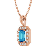 14K Gold Emerald Natural Blue Zircon Halo-Style Necklace or Pendant - Rose Gold - view 2
