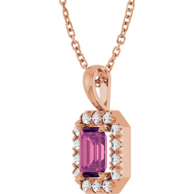 14K Gold Emerald Natural Pink Tourmaline Halo-Style Necklace or Pendant - Rose Gold - view 2