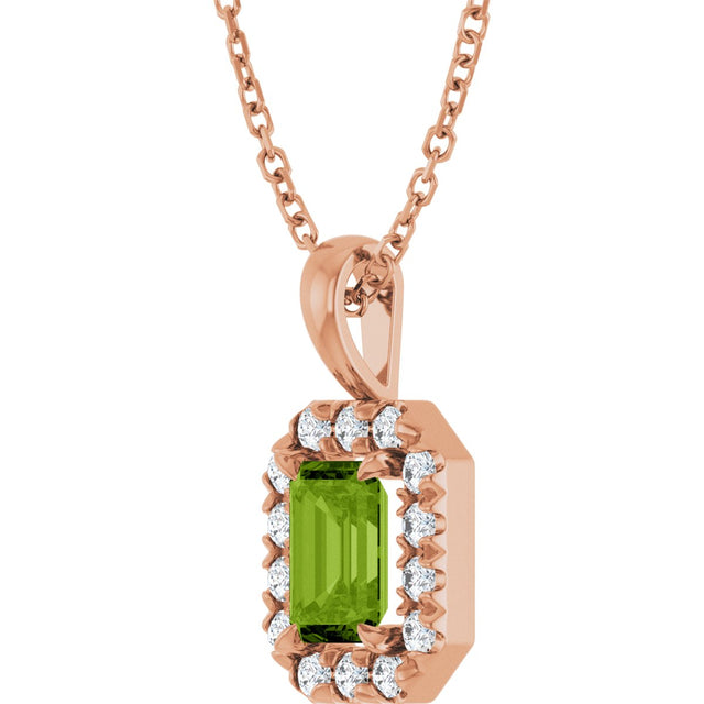 14K Gold Emerald Natural Peridot Halo-Style Necklace or Pendant - Rose Gold - view 2