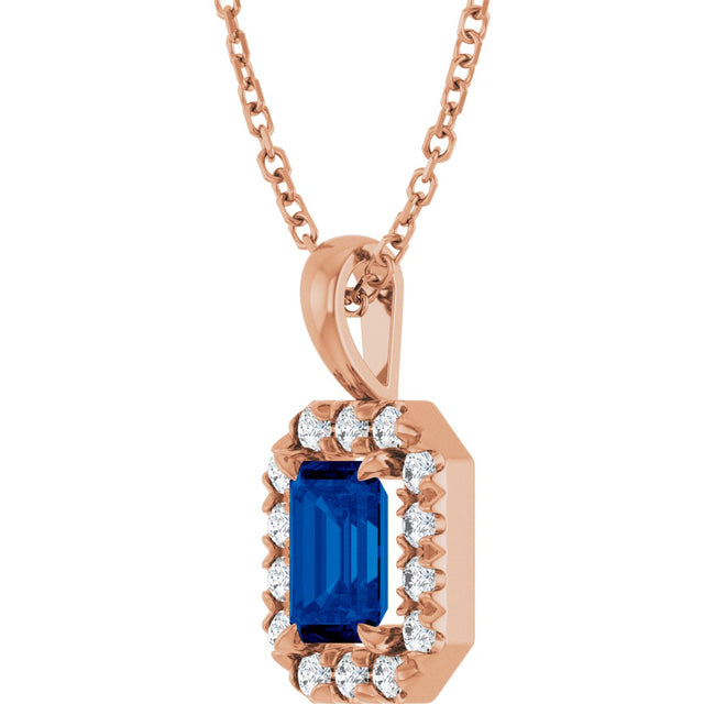 14K Gold Emerald Natural Blue Sapphire Halo-Style Necklace or Pendant - Rose Gold - view 2