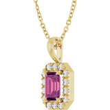 14K Gold Emerald Natural Pink Tourmaline Halo-Style Necklace or Pendant - Yellow Gold - view 2