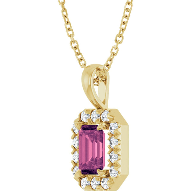 14K Gold Emerald Natural Pink Tourmaline Halo-Style Necklace or Pendant - Yellow Gold - view 2